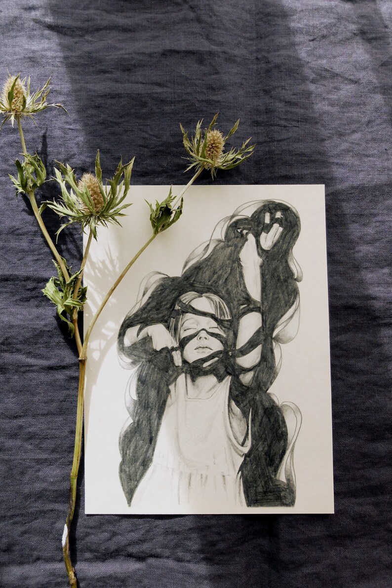 In her dreams Dans ses rêves. Fine art print of an original drawing. Signed by the artist. image 3