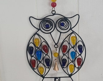 iron hoot owl wind chime with beads and bells