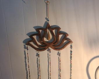 Big beautiful wooden Lotus flower with  beads and bells wind chimes