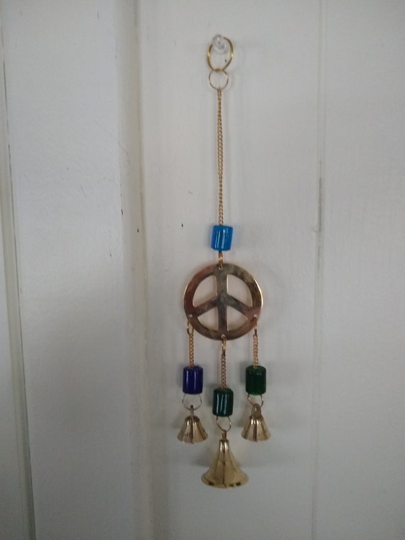 Shiny Peace Sign Wind Chime in Brass With Beads and Bells, Hippy, Retro  ,boho 