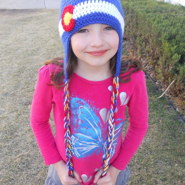 Crochet Colorado Flag Earflap Hat- Baby, Child, Teen, Adult, Sizes, Blue, Red, White and Yellow,  Colorado Hat