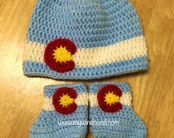 Crochet Baby Blue Colorado Hat and Baby Booties Set - newborn, 0-3 months 3-6 months, Denver Colorado beanie
