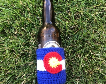 Crochet Beer Cozy Colorado Flag ,Beer Cozie, Soda Cozy, Soda Sleeve, Beer Sleeve, Colorado