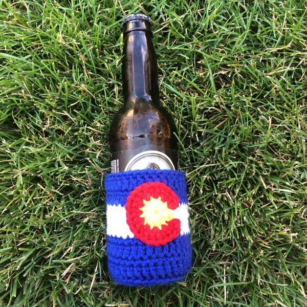 Crochet Beer Cozy Colorado Flag ,Beer Cozie, Soda Cozy, Soda Sleeve, Beer Sleeve, Colorado