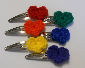Crochet Rainbow Heart Hair Clip, 6 pairs, Rainbow Barrette, Girls Hair Clip, Girls Barrettes, Heart Hair Clips