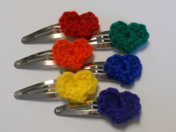 Crochet Rainbow Heart Hair Clip, 6 Pairs, Rainbow Barrette 
