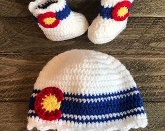 Crochet White Colorado Hat and Baby Booties Set - newborn, 0-3 months 3-6 months, Denver Colorado beanie