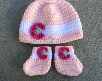 Crochet Pink Colorado Hat and Baby Booties Set - newborn, 0-3 months 3-6 months, Denver Colorado beanie