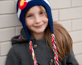 Crochet Colorado Flag Earflap Hat- Baby, Child, Teen, Adult, Sizes Blue, Red, White and Yellow,  Colorado Hat