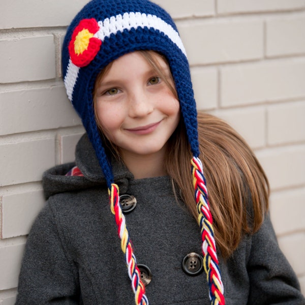 Crochet Colorado Flag Earflap Hat- Baby, Child, Teen, Adult, Sizes Blue, Red, White and Yellow,  Colorado Hat