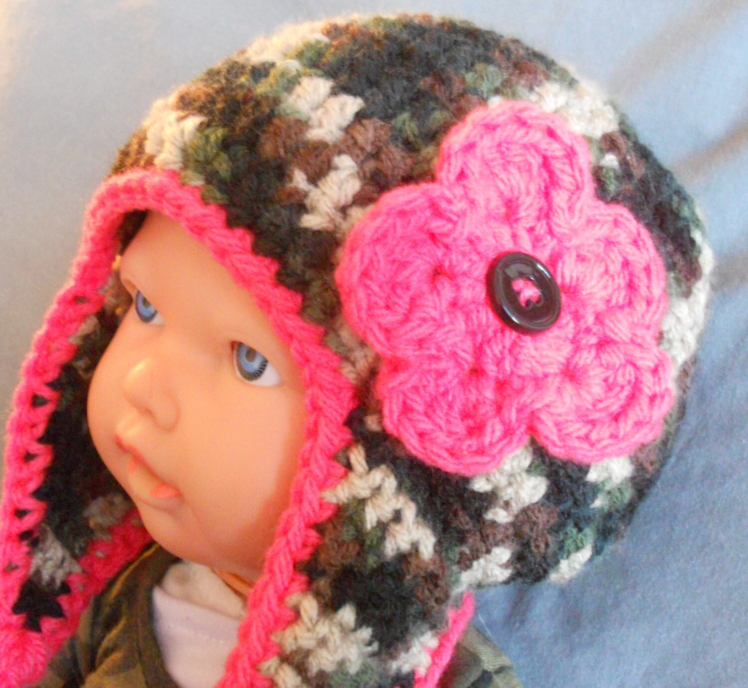 Crochet Pink Camouflage Earflap Hat Baby Child and Adult Etsy