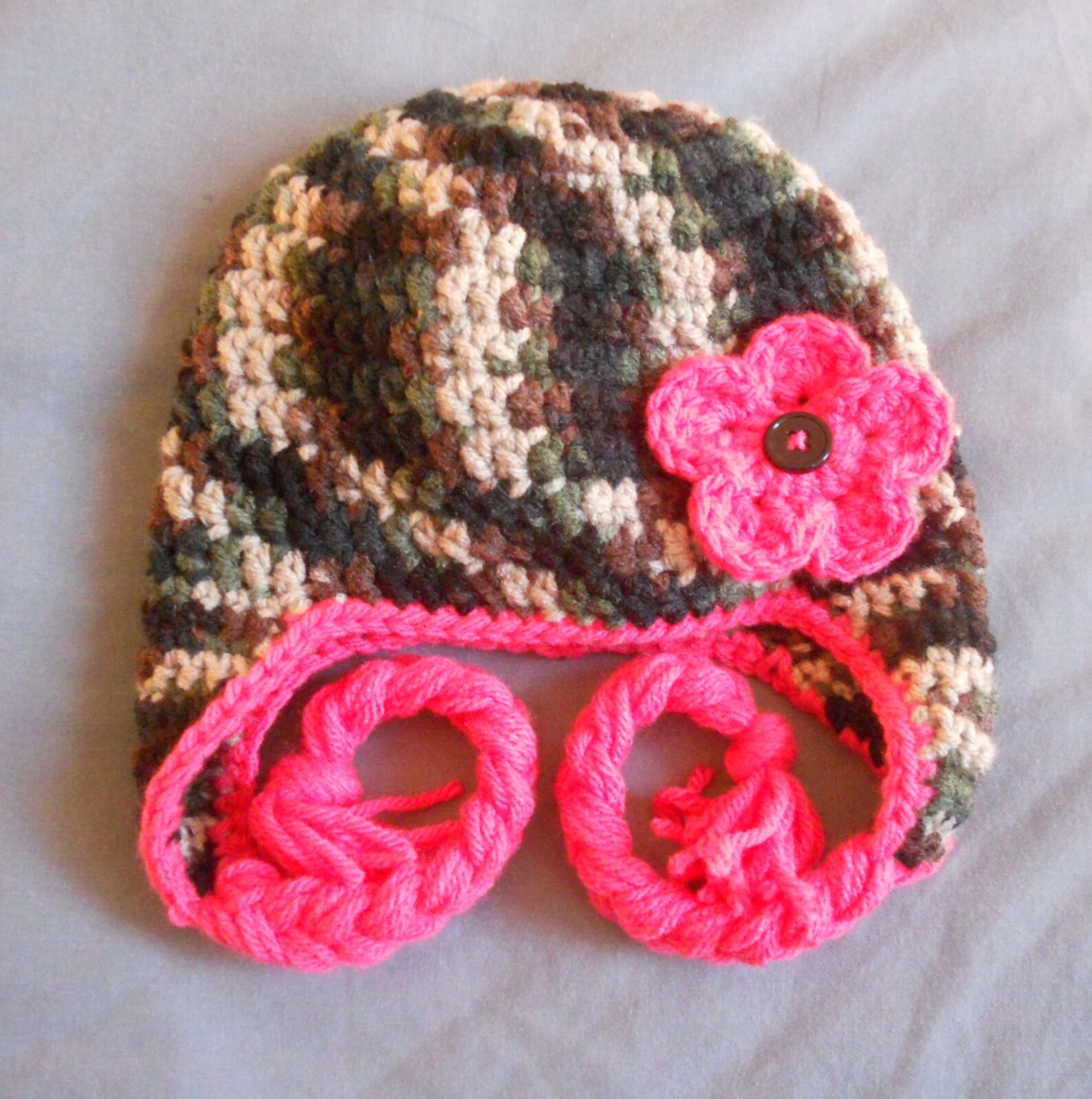 Crochet Pink Camouflage Earflap Hat Baby Child and Adult Etsy