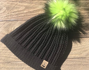 Frisco Beanie, Crochet Beanie, Black with Neon Green Pom, Adult Size, Beanie, Hat, Ski, winter hat, faux fur Pom Pom, ribbed beanie