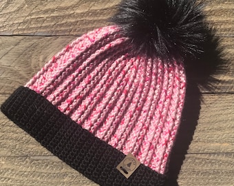 Frisco Beanie, Crochet Beanie, Pink and Black Adult Size, Beanie, Hat, Ski, winter hat, faux fur Pom Pom, ribbed beanie