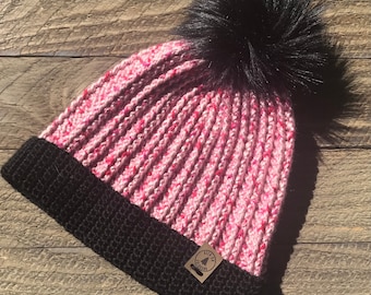 RTS - Frisco Beanie, Crochet Beanie, Pink and Black Adult Size, Beanie, Hat, Ski, winter hat, faux fur Pom Pom, ribbed beanie