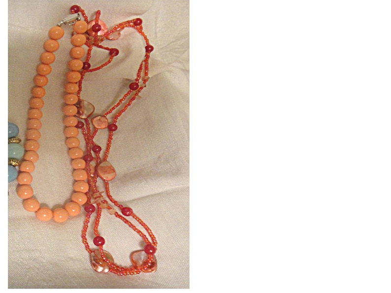 Lot of 5 Vintage Pastel Beaded Necklaces 1724 2 With Matching Pierced Earrings ~ Pink Blue Orange Coral