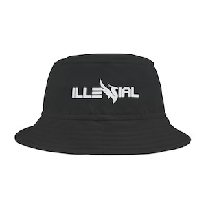 May include: Black bucket hat with a white logo that says "ILLESIAL" with a stylized bird design.