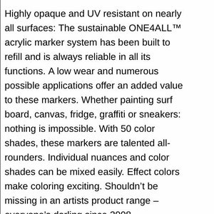 May include: Text description of a product, highlighting its features and uses. The text mentions that the product is highly opaque, UV resistant, and refillable. It also mentions that the product is available in 50 colors and is suitable for various surfaces, including surfboards, canvas, fridges, and sneakers.