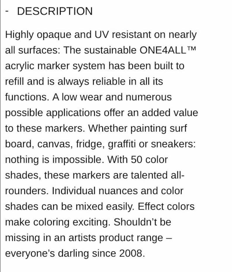 May include: Text description of a product, highlighting its features and uses. The text mentions that the product is highly opaque, UV resistant, and refillable. It also mentions that the product is available in 50 colors and is suitable for various surfaces, including surfboards, canvas, fridges, and sneakers.