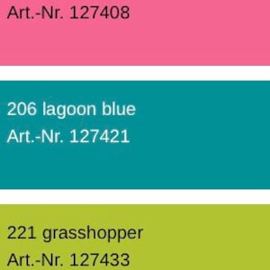 May include: A color chart with seven different shades of green, blue, pink, and purple. Each color swatch has a number and a name, such as "043 violet dark" and "Art.-Nr. 127420".