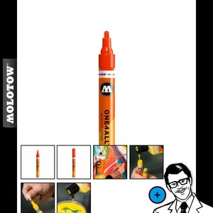 May include: Orange and black Molotow One4All acrylic marker with a 4 mm tip. The marker is labeled "One4All Acrylic 227HS".