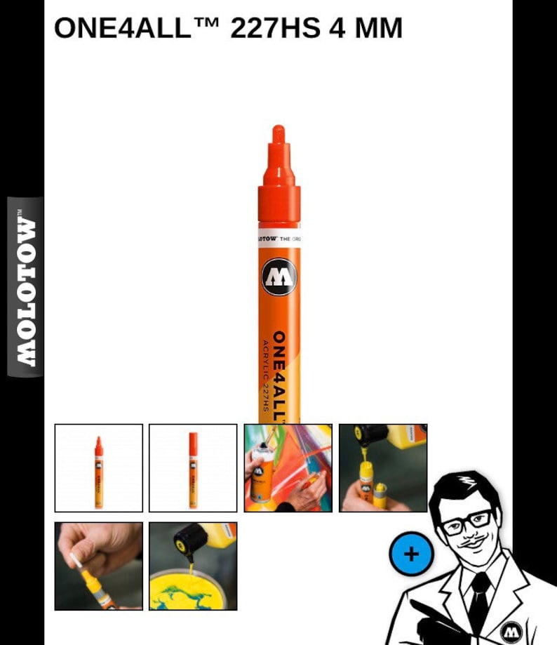May include: Orange and black Molotow One4All acrylic marker with a 4 mm tip. The marker is labeled "One4All Acrylic 227HS".