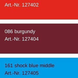May include: A color chart with seven different paint colors, each with a corresponding number and name. The colors are: zinc yellow, DARE orange, traffic red, burgundy, shock blue middle, true blue, and petrol.