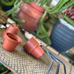 May include: A close-up of a set of brown plastic plant pots, some stacked on top of each other, with a small gardening tool in the foreground.