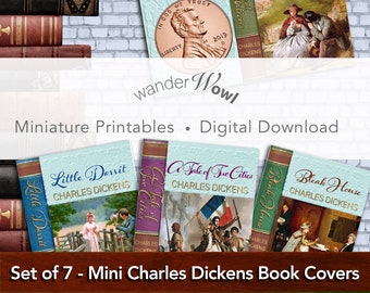 Miniature books, Charles Dickens Books Instant Download, Dollhouse Printables, dollhouse books, Set of 7 books 1:12,1/24,1/6