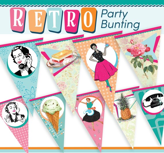 Retro Party Banner Printable 50s Party Decor Retro Bunting | Etsy