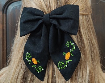 Pumpkin Hand Embroidered Linen Hair Bow - Halloween darkcottagecore witches