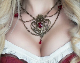 Red necklace with pendant and chains - brass - crystal gems - Halloween jewelry