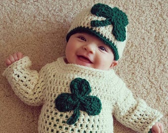 Crochet Baby Hat and Sweater Set: Irish Shamrock Gift