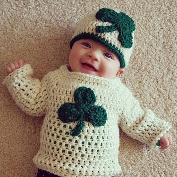 Irish Baby Gift/ Crochet Hat and Sweater Set with Shamrock / Irish baby keepsake