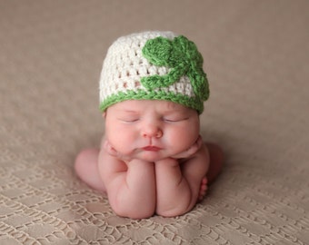 Crochet Irish Baby Hat with Large Shamrock Clover St. Patricks Day Parade Beanie