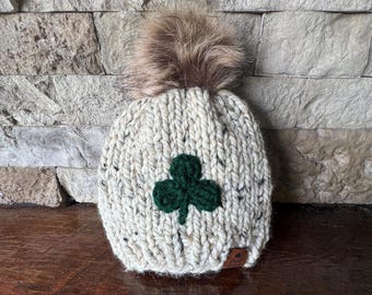 Hand Knit Irish Baby Hat: Shamrock Tweed, Faux Fur Pom