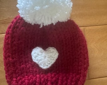 Hand Knit Baby Valentine Hat, Red Acrylic with White Heart