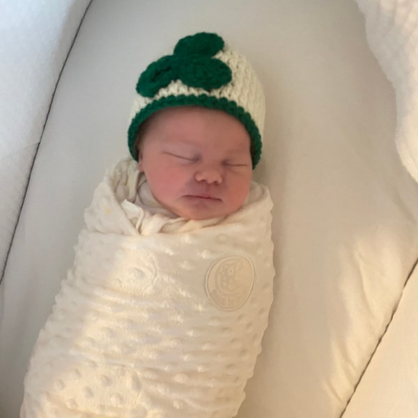 Crochet Irish Baby Hat with Large Kelly Green Shamrock Clover St. Patricks Day Parade Beanie