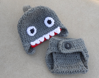 Crochet Shark Hat and Diper Cover Set, Photography Prop, Shark Birthday Party Theme,