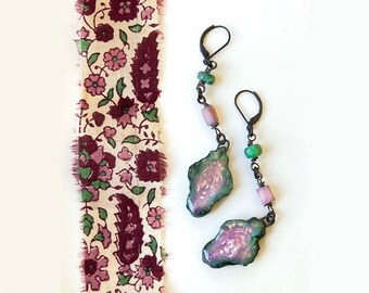 Long Dangling Ceramic Lace Earrings With Gemstones! Sophisticated OOAK
