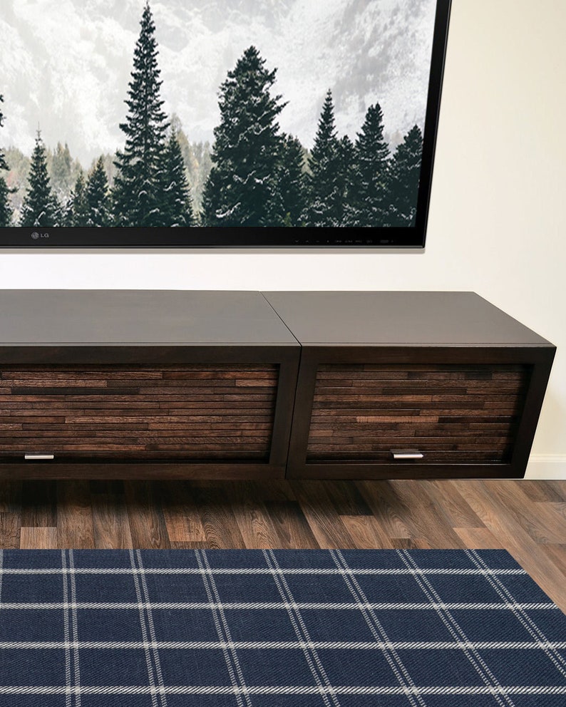 May include: A dark brown floating media unit with two cabinets. The cabinet doors feature a textured, horizontal wood grain design. A blue plaid rug is on the floor. A large TV displays a forest scene.