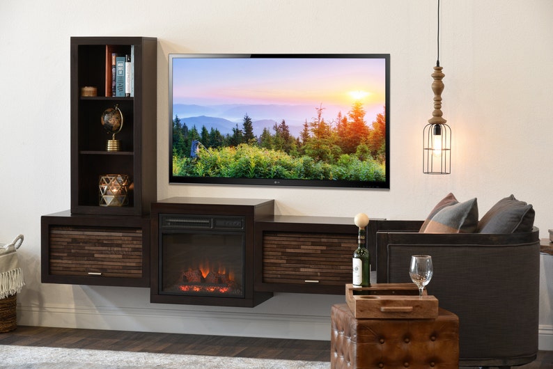 Floating Wall Mount Tv Stand With Fireplace And Bookcase Eco Geo Espresso