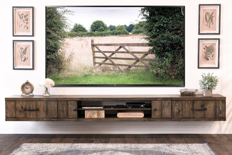 Farmhouse Rustic Wood Floating Tv Stand Entertainment Center Image 0