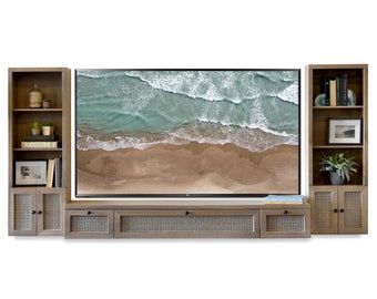 Taupe Cane Floating TV Stand Wall Mount Entertainment Center Boho Rattan Wicker Console - Sugar Cane - Ginger