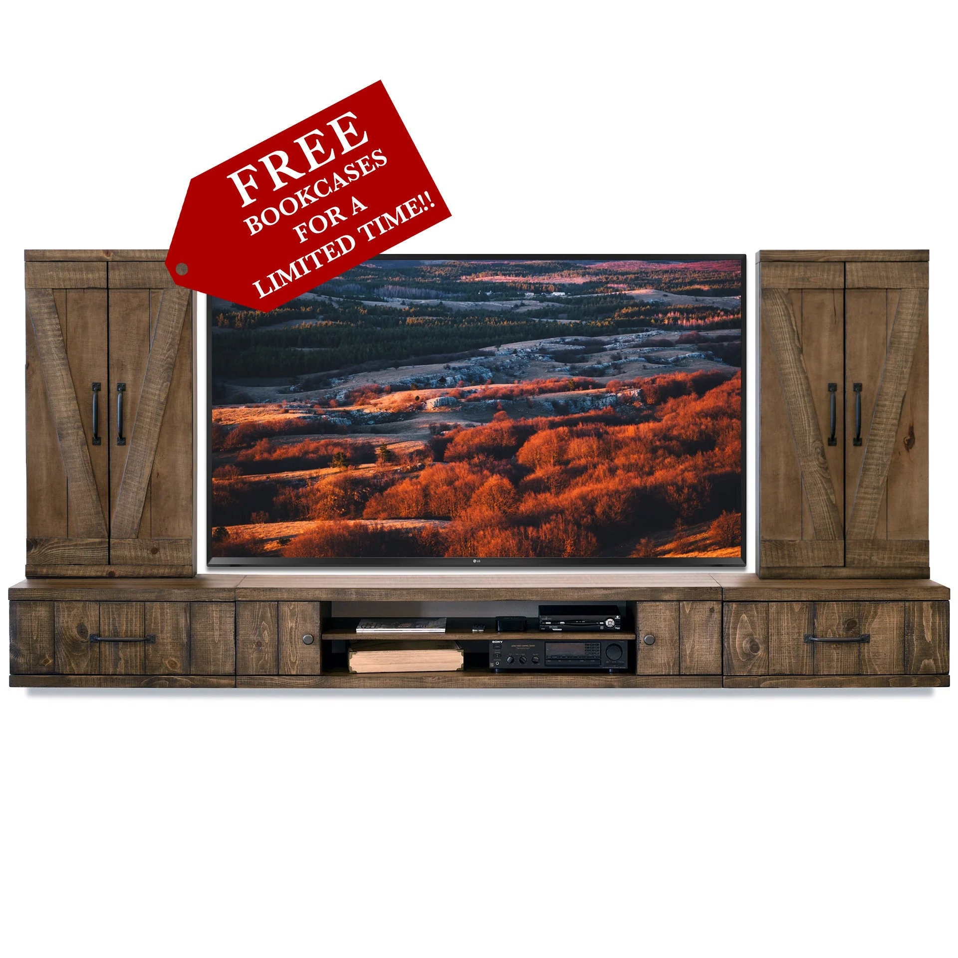 Rustic Wood Barn Door Floating TV Stand Farmhouse Entertainment