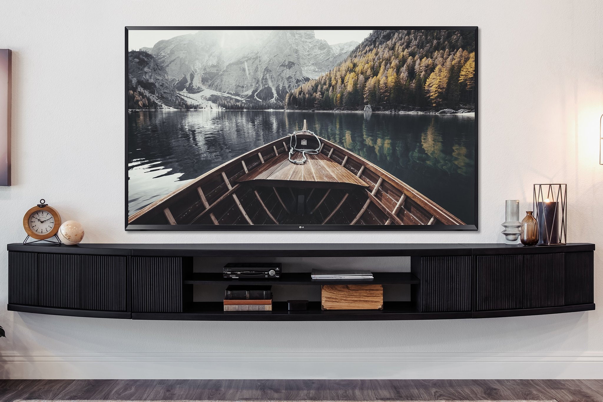Black Curved Floating TV Stand Wall Mount Entertainment Center Arc