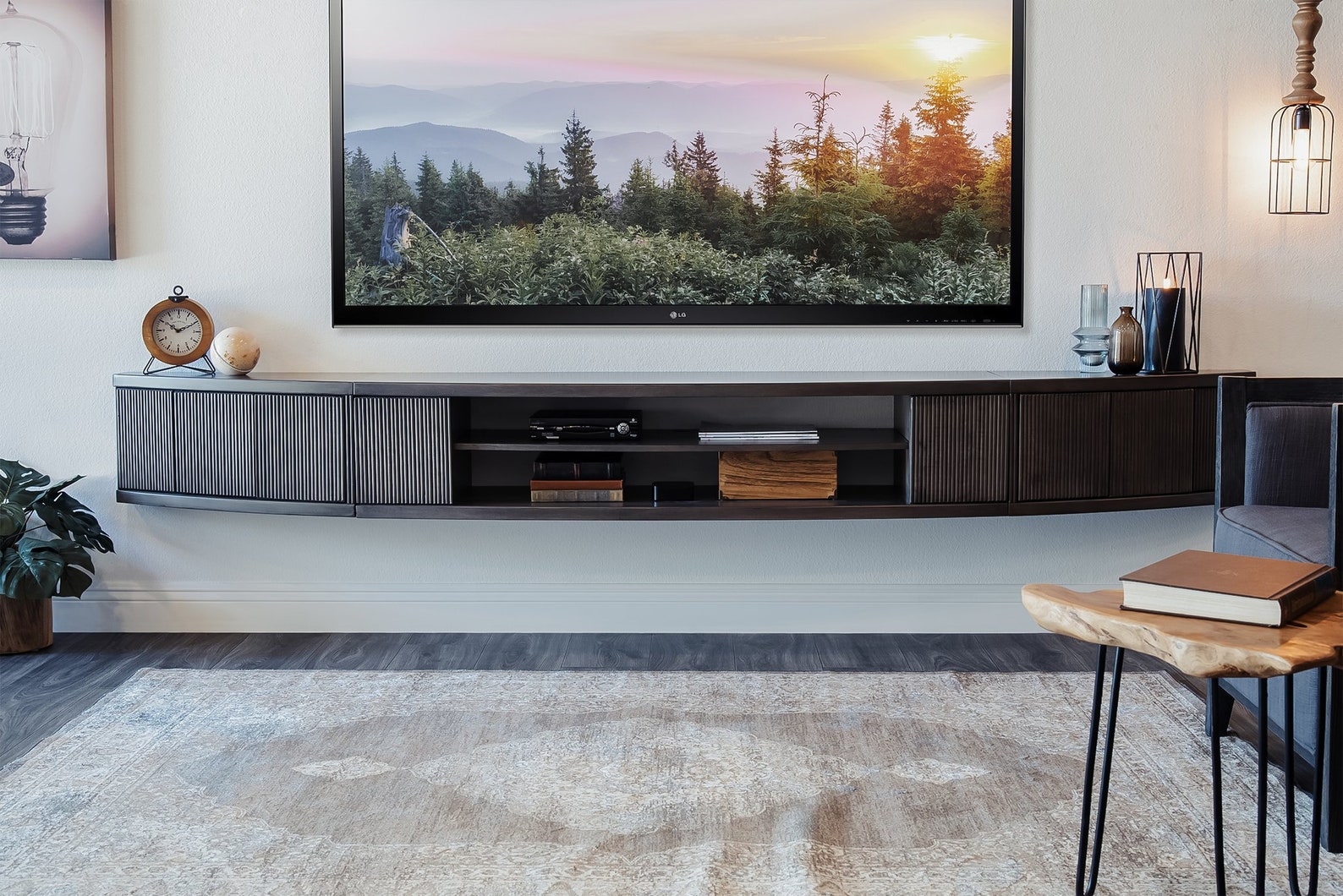 Gray Floating TV Stand Curved Wall Mount Entertainment Center Console