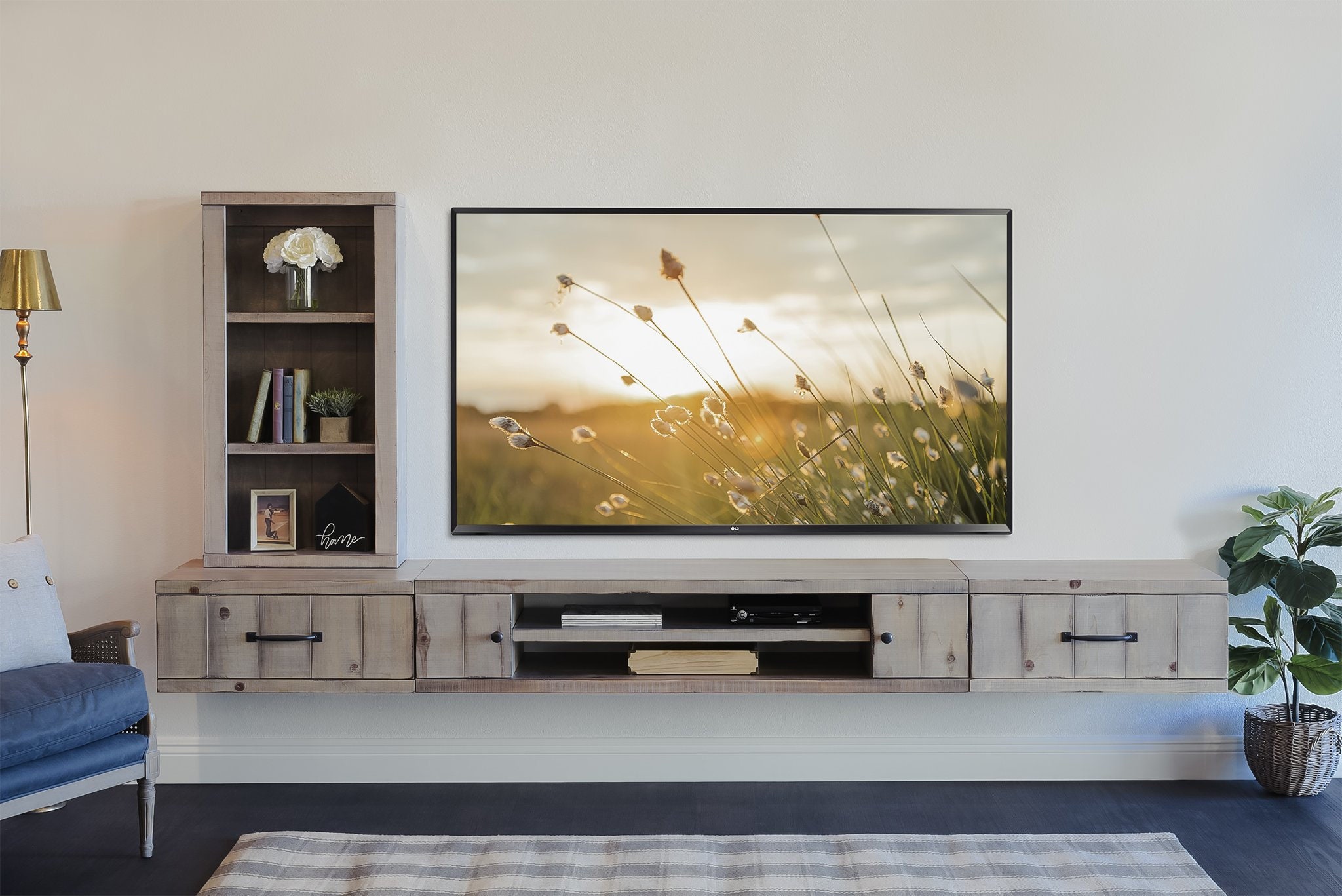 Gray Rustic Floating TV Stand Farmhouse Bookcase Entertainment Etsy