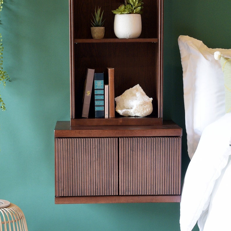 Floating Wall Mount Nightstand With Bookcase Curve Mocha Etsy