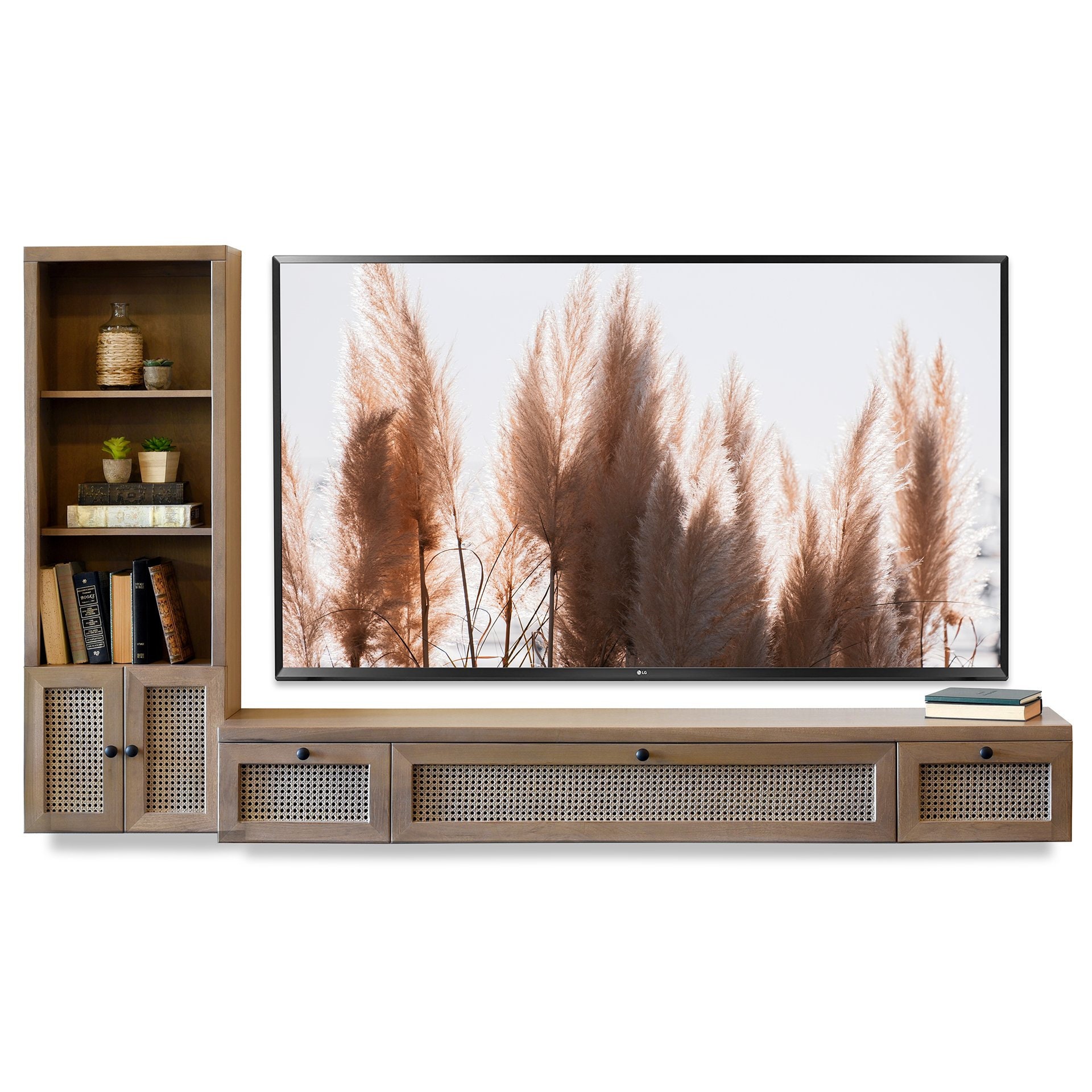 Gray Cane Floating TV Stand Boho Wall Mount Rattan Wicker Entertainment Center - Sugar Cane - Ginger